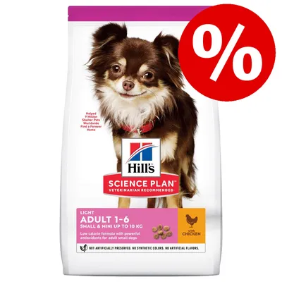 Hill's Science Plan Light Adult 1–6 Small & Mini up to 10 kg s kuřetem, zvýrazněná sleva procentem, viditelný pes na obalu. Text: Low calorie formula with powerful antioxidants for adult small dogs. Hill's Science Plan Light Adult 1–6 Small & Mini up to 10 kg s kuřetem, zvýrazněná sleva procentem, viditelný pes na obalu. Text: Low calorie formula with powerful antioxidants for adult small dogs.