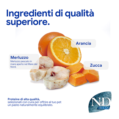 Componenti: merluzzo del Mare del Nord, arancia e zucca. Proteine di alta qualità per un pasto equilibrato. Marca: N&D Ocean.