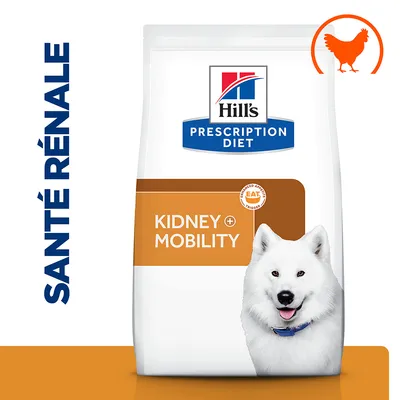 Hill’s Prescription Diet Kidney + Mobility pour chien, texte visible : SANTÉ RÉNALE, icône poulet orange, sachet blanc et orange avec photo de chien blanc. Hill’s Prescription Diet Kidney + Mobility pour chien, texte visible : SANTÉ RÉNALE, icône poulet orange, sachet blanc et orange avec photo de chien blanc.