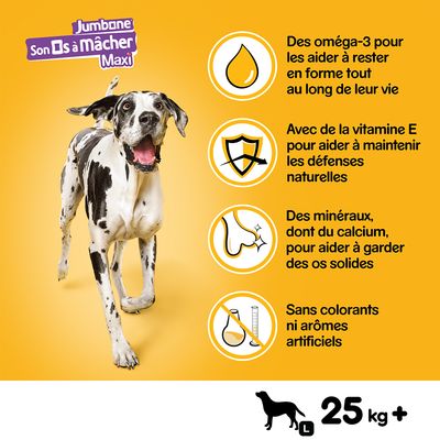 Jumbone Son Os à Mâcher Maxi. Des oméga-3, vitamine E, minéraux dont calcium, sans colorants ni arômes artificiels. Pour chiens L 25 kg et plus.
