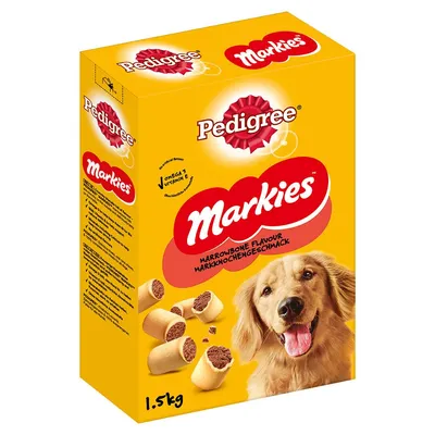 Boîte Pedigree Markies 1,5 kg, biscuits fourrés saveur os à moelle, mention Omega 3 et vitamine E, texte en anglais et allemand visible sur l’emballage.