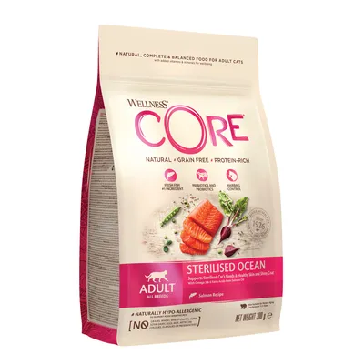 Wellness CORE Sterilised Ocean adult food, grain free, protein-rich, with fresh fish, prebiotics, probiotics, hairball control, hypo-allergenic, salmon recipe, net weight 300g.