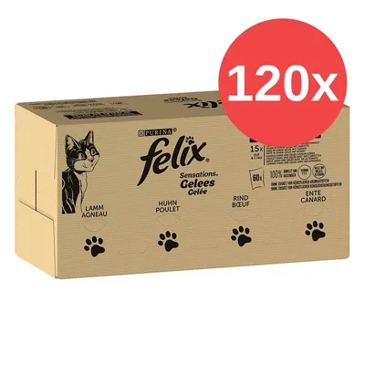 Purina Felix Sensations Gelees, 120 bolsitas con cordero, pollo, ternera y pato. Sin aromas ni conservantes artificiales añadidos.
