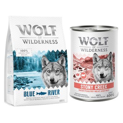 Wolf of Wilderness Kombi-Paket: 400 g Trockenfutter + 400 g Nassfutter Blue River Lachs + Stony Creek Geflügel mit Rind