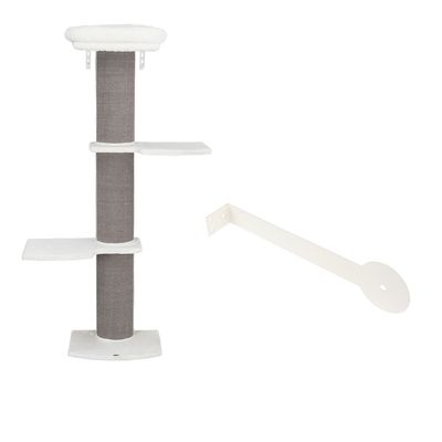 Arbre à chat avec trois plateformes blanches, un poteau central recouvert de sisal gris et un coussin rond en haut. Supports muraux visibles pour fixation.