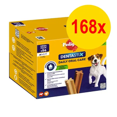 Boîte Pedigree Dentastix Daily Oral Care, méga pack x56 pour chiens 5–10 kg, texte visible sur l’emballage, pastille jaune avec 168x en rouge. Boîte Pedigree Dentastix Daily Oral Care, méga pack x56 pour chiens 5–10 kg, texte visible sur l’emballage, pastille jaune avec 168x en rouge.