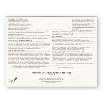 Instructions and ingredients for Beaphar VETOpure Spot-On for Dogs under 15kg, including usage directions, precautions, application rate, storage advice, and active plant-based components.