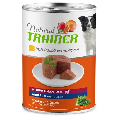 Natural Trainer hondenvoerblik met kip, cichoreiwortel, voor middelgrote en grote honden boven 11kg, vanaf 12 maanden. Voer afgebeeld op bord.