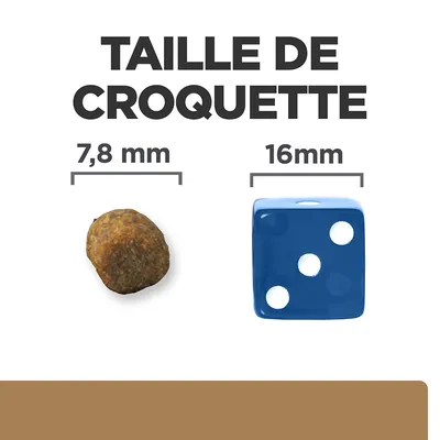 Taille de croquette : croquette ronde 7,8 mm à côté d’un dé bleu 16 mm pour comparaison visuelle. Texte visible : TAILLE DE CROQUETTE, 7,8 mm, 16 mm.