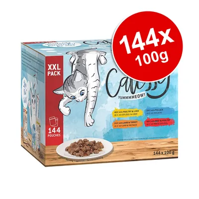 XXL pack containing 144 pouches of 100g each. Includes poultry and liver, lamb and turkey, pollack, beef and poultry varieties. Serving suggestion shown.