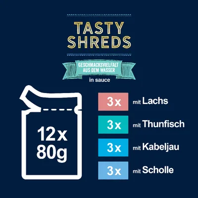 Tasty Shreds, Geschmacksvielfalt aus dem Wasser in Sauce. 12x80g: 3x mit Lachs, 3x mit Thunfisch, 3x mit Kabeljau, 3x mit Scholle.