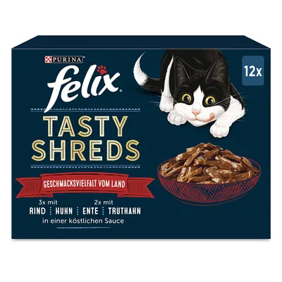 Purina Felix Tasty Shreds, 12x. Geschmacksvielfalt vom Land: 3x govedina, piletina; 2x patka, puretina u umaku. Slika mačke i zdjelice s hranom. Tekst na njemačkom jeziku.