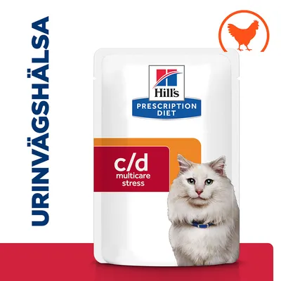 Hill's Prescription Diet c/d multicare stress, urinvägshälsa, förpackning med kattbild och kycklingsymbol. Synlig text: 'URINVÄGSHÄLSA', 'c/d multicare stress'.