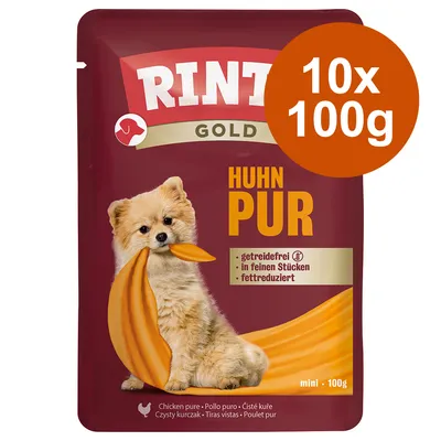 Rinti Gold Huhn Pur, getreidefrei, in feinen Stücken, fettreduziert. Packung mit 10x100g Mini-Portionen.