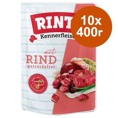 Опаковка Rinti Kennerfleisch mit Rind, getreidefrei, 10×400 г. Изображение на парчета месо и зеленчуци върху опаковката. Текст: Rinti seit 1983 Original.