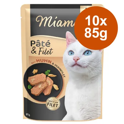 Miamor Pâté & Filet csirkehússal és csirkefilével, filében gazdag. Kiszerelés: 10x85g.