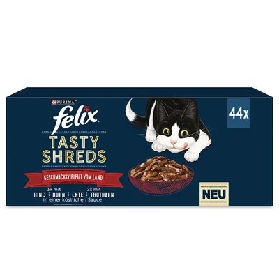 Cutie Felix Tasty Shreds, 44x, cu text vizibil: Geschmacksvielfalt vom Land, Rind, Huhn, Ente, Truthahn, NEU. Imagine cu pisică și bol cu fâșii de carne.
