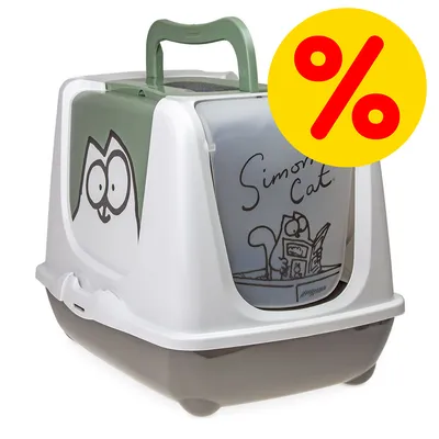 Toilette coperta per gatti Simon's Cat in plastica, con disegni e scritta 'Simon's Cat' visibili sulla porta. Simbolo di percentuale rosso su sfondo giallo indica offerta.