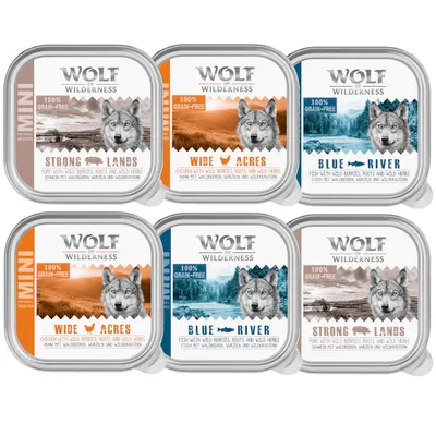 Wolf of Wilderness wet food, 100% grain-free. Varieties: Strong Lands (pork), Wide Acres (chicken), Blue River (fish) with forest berries, roots and wild herbs.