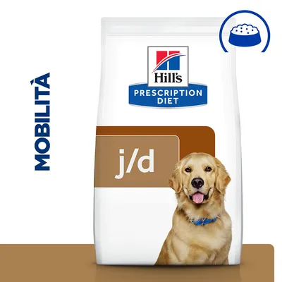 Confezione di Hill's Prescription Diet j/d per cani, scritta 'MOBILITÀ' a sinistra e icona ciotola in alto a destra. Confezione di Hill's Prescription Diet j/d per cani, scritta 'MOBILITÀ' a sinistra e icona ciotola in alto a destra.