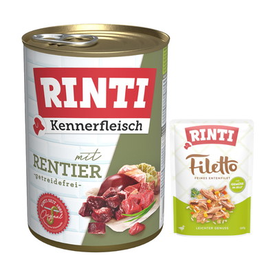 RINTI Kennerfleisch cu vânat, fără cereale. Rinti din 1983 Original. Imagine cu bucăți de carne și ingrediente.