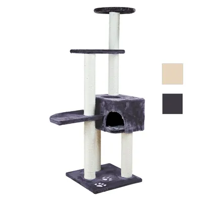 Multi-level scratching post with platforms, a cubed hideaway, and sisal-wrapped posts. Two colour options shown: beige and dark grey.