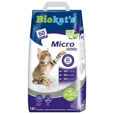 Biokat's Micro classic klumpströ, 14 l. Text: 60 dagar, CO2 friendly, Extra fein, 100 % luktabsorption, Natural Pure Product. Bild på kattunge på förpackningen.