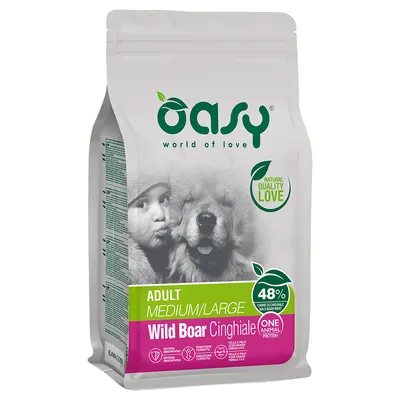 Oasy Adult Medium/Large Wild Boar Cinghiale, 48% carne de mistreț, Natural Quality Love, One Animal Protein.