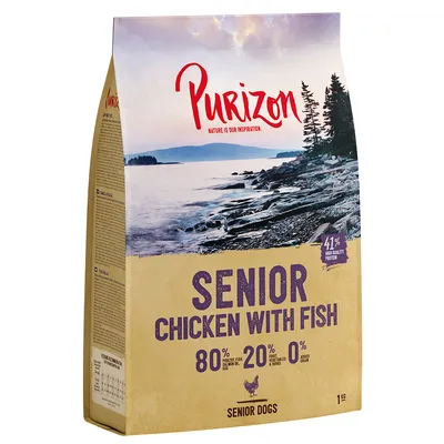 Purizon Senior Chicken with Fish, 80% vlees & vis, 20% groente & kruiden, 0% granen. 41% hoogwaardige eiwitten. Voor oudere honden. Verpakkingsgrootte: 1kg.