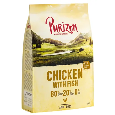 Purizon Adult Dogs torrfoder, kyckling med fisk, 80% kött och fisk, 20% grönsaker och örter, 0% spannmål, 41% högkvalitativt protein. Förpackningsstorlek: 1 kg.