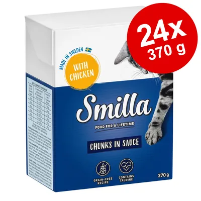Smilla Chunks in Sauce with Chicken, 24x370 g. Viljaton resepti, sisältää tauriinia. Made in Sweden. Pakkauksessa kissan kuva.