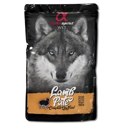 Alpha Spirit Wet Lamb Pate, alimento completo para perros de razas pequeñas, todas las etapas de vida, 100g. Envase con motivo de lobo.