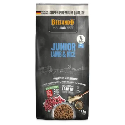 Saco de ração Belcando Dog Food Junior Lamb & Rice, 12,5 kg. Texto visível: Super Premium Quality, Made in Germany, Holistic Nutrition, 30% Frisches Lamm, imagens de croquetes e carne. Saco de ração Belcando Dog Food Junior Lamb & Rice, 12,5 kg. Texto visível: Super Premium Quality, Made in Germany, Holistic Nutrition, 30% Frisches Lamm, imagens de croquetes e carne.
