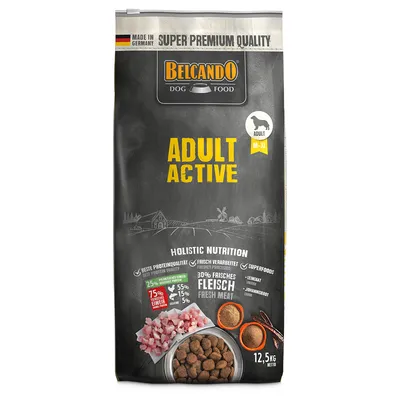 Belcando Dog Food Adult Active, super premium kvalitet, fremstillet i Tyskland, holistisk ernæring med 30% frisk kød, superfoods som hørfrømel og johannesbrød, 12,5 kg netto.