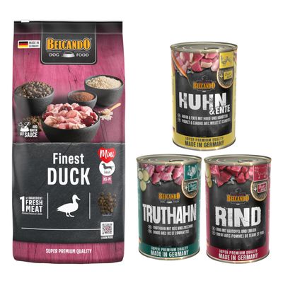 Belcando Adult Dinner, sac 15 kg et assortiment de 6 boîtes 400 g pour chien, texte visible : Pack gourmand. Emballages avec photo de chien et noms des variétés sur les boîtes.