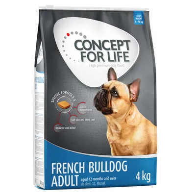 Concept for Life French Bulldog Adult, hundfoder för hundar från 12 månader, vikt 8–14 kg, 4 kg förpackning. Specialformula: muskelvård, mjuk päls, minskad avföringslukt.