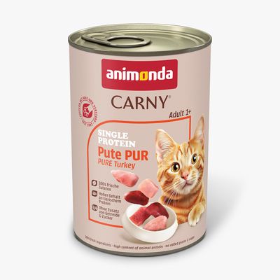 Animonda Carny Single Protein Adult hovädzie Pur. S taurínom, 100 % čerstvé ingrediencie, bez obilnín, vyrobené v Nemecku. Konzerva s červenou etiketou a obrázkom surového hovädzieho mäsa a mačky.