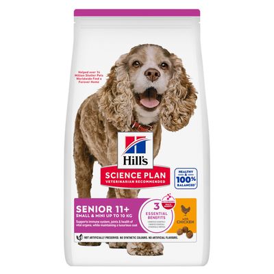 Hill's Science Plan Senior 11+ Small & Mini do 10 kg z kurczakiem. Wspiera odporność, stawy i narządy u starszych małych psów. Bez sztucznych konserwantów, barwników i aromatów.