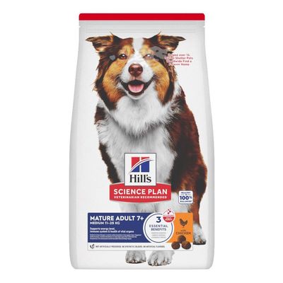 Hill's Science Plan Mature Adult 7+ Medium 11–25 kg with Chicken, croquettes pour chiens âgés, texte en anglais sur l’énergie, l’immunité et la santé des organes vitaux. Sans colorants ni arômes artificiels.