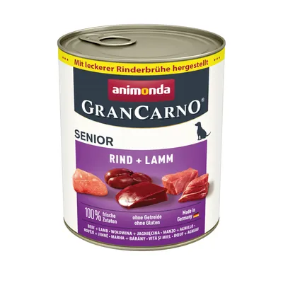 Animonda GranCarno Senior nöt + lamm, tillagad med smakrik nötköttsbuljong. 100 % färska ingredienser, utan spannmål, glutenfri, Made in Germany.