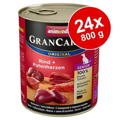 Κονσέρβα animonda GranCarno Original Rind + Putenherzen, 24x800g. Ετικέτα: SENIOR, 100% frische Zutaten, getreidefrei, glutenfrei, Made in Germany.