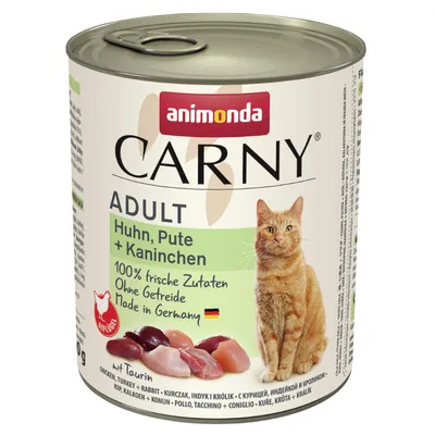 Animonda Carny Adult kyckling, kalkon + kanin. 100% färska ingredienser, utan spannmål, Made in Germany. Med taurin. Bild på köttbitar och katt.