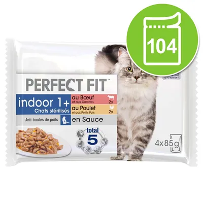 Perfect Fit indoor 1+ Chats stérilisés, anti-boules de poils, 2x au Bœuf et Carottes, 2x au Poulet et Petits Pois, en sauce, total 5, embalagem 4x85g. Selo verde com 104. Perfect Fit indoor 1+ Chats stérilisés, anti-boules de poils, 2x au Bœuf et Carottes, 2x au Poulet et Petits Pois, en sauce, total 5, embalagem 4x85g. Selo verde com 104.