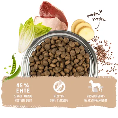 Trockenfutter mit 45% Ente, getreidefreie Rezeptur, ausgewogenes Nährstoffangebot. Zutaten: Erbse, Chicorée, Entenfleisch, Kartoffel, Leinsamen. Trockenfutter mit 45% Ente, getreidefreie Rezeptur, ausgewogenes Nährstoffangebot. Zutaten: Erbse, Chicorée, Entenfleisch, Kartoffel, Leinsamen.