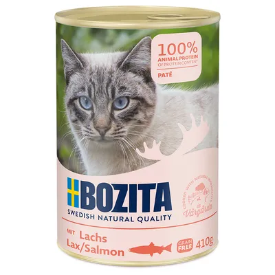 Bozita Swedish Natural Quality Lax/Salmon kissan märkäruoka, 100 % eläinproteiinia, paté, viljaton, 410 g. Kansi ja etiketissä sininen Bozita-logo sekä kuva kissasta.