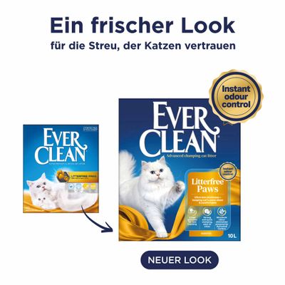 Ever Clean Litterfree Paws Katzenstreu mit neuem Look, Instant odour control, 10L. Vergleich altes und neues Verpackungsdesign.