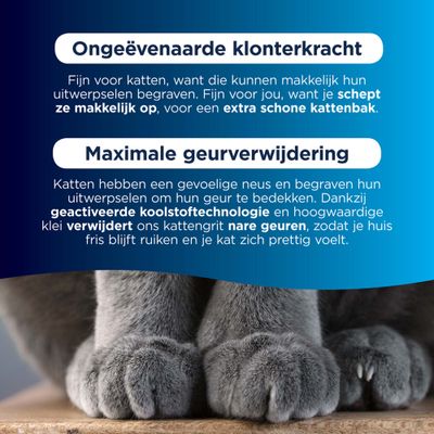 Ever Clean Super Premium Clumping Cat Litter, Litterfree Paws, 10L. Tekst: tot 3x schoner, ideaal voor kittens & katten, 99,9% stofvrij. Afbeelding van twee witte katten.