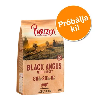 Purizon Black Angus with Turkey, 400 g, adult dogs számára. 80 % black angus és pulyka, 20 % zöldség, 0 % gabona. Narancssárga kör: Próbálja ki!