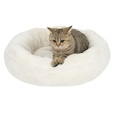 Chat tigré allongé dans un panier rond en tissu blanc à rebords épais, surface douce et moelleuse visible.