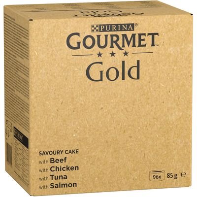 PURINA Gourmet Gold Savoury Cake z wołowiną, kurczakiem, tuńczykiem i łososiem, 96 x 85 g puszek.